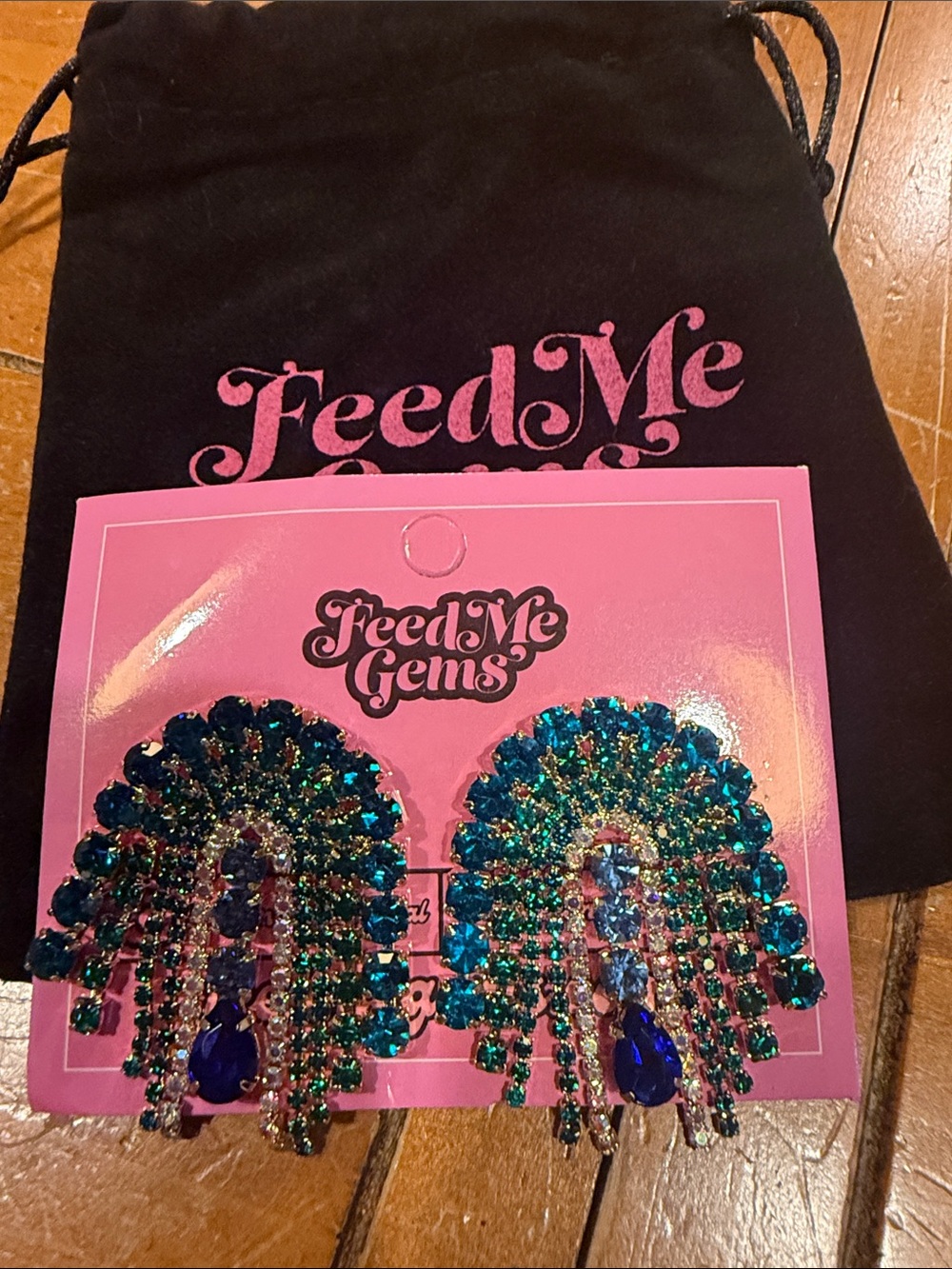 Feed Me Gems Teal & Blue Crystal Fringe Earrings peacock earrings